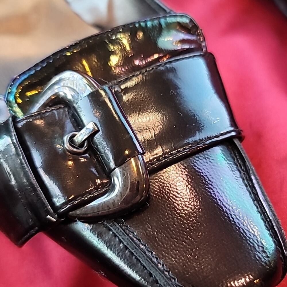 PURA LOPEZ 9.5 Irridescent oil-slick black leather buckle loafer classic…